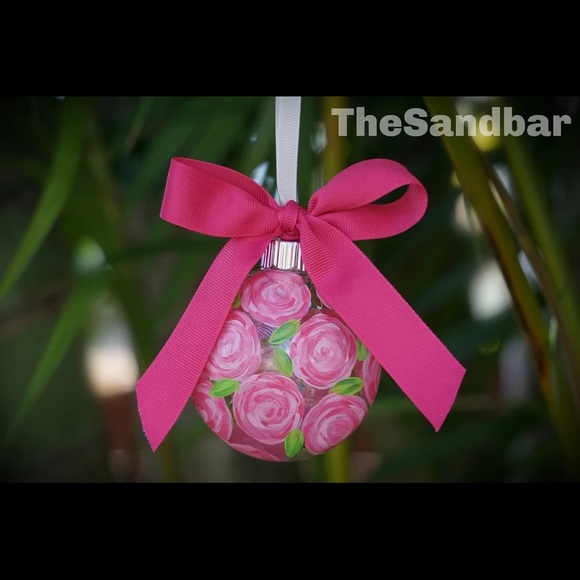 Rose Ornament, Pink Handpainted Floral Gift Shatterproof Ornament Preppy Flower - Picture 2 of 3